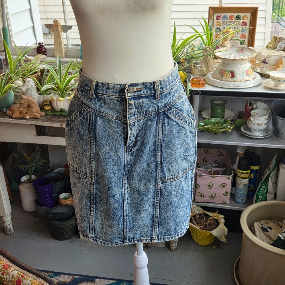Vintage 80s Playboy Denim Skirt Sz M Acid Wash High Waist Pencil Bunny Logo